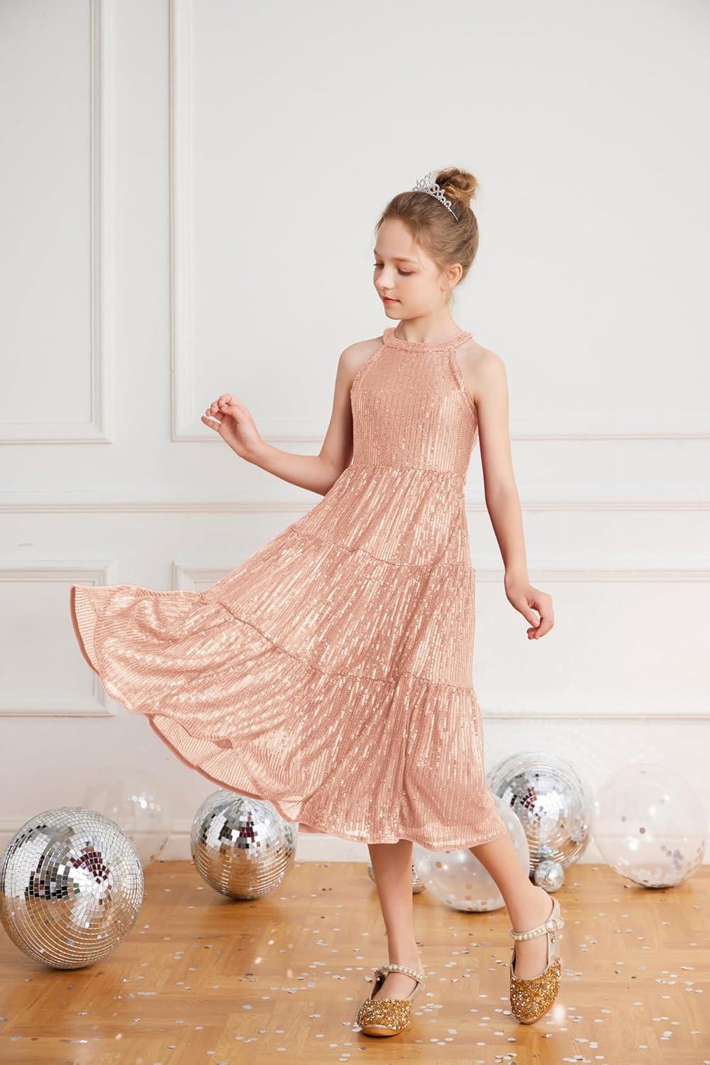 imageGRACE KARIN Girls Sequin Dress Formal Party Elegant Fancy Girls Maxi Long Dress for 514YRose Gold