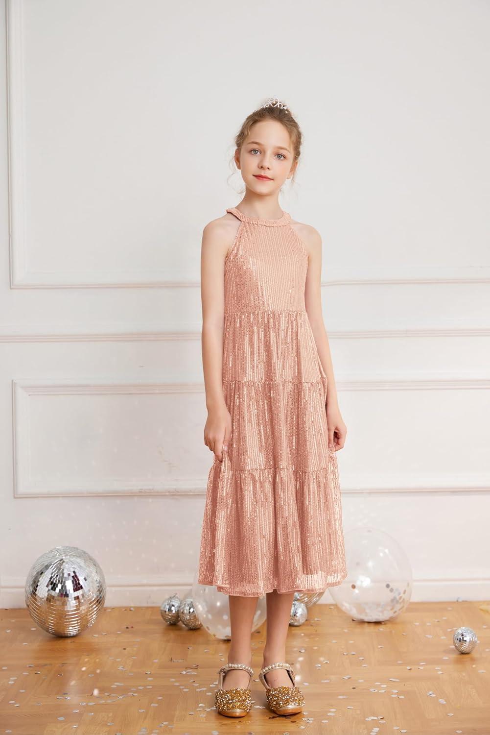 imageGRACE KARIN Girls Sequin Dress Formal Party Elegant Fancy Girls Maxi Long Dress for 514YRose Gold