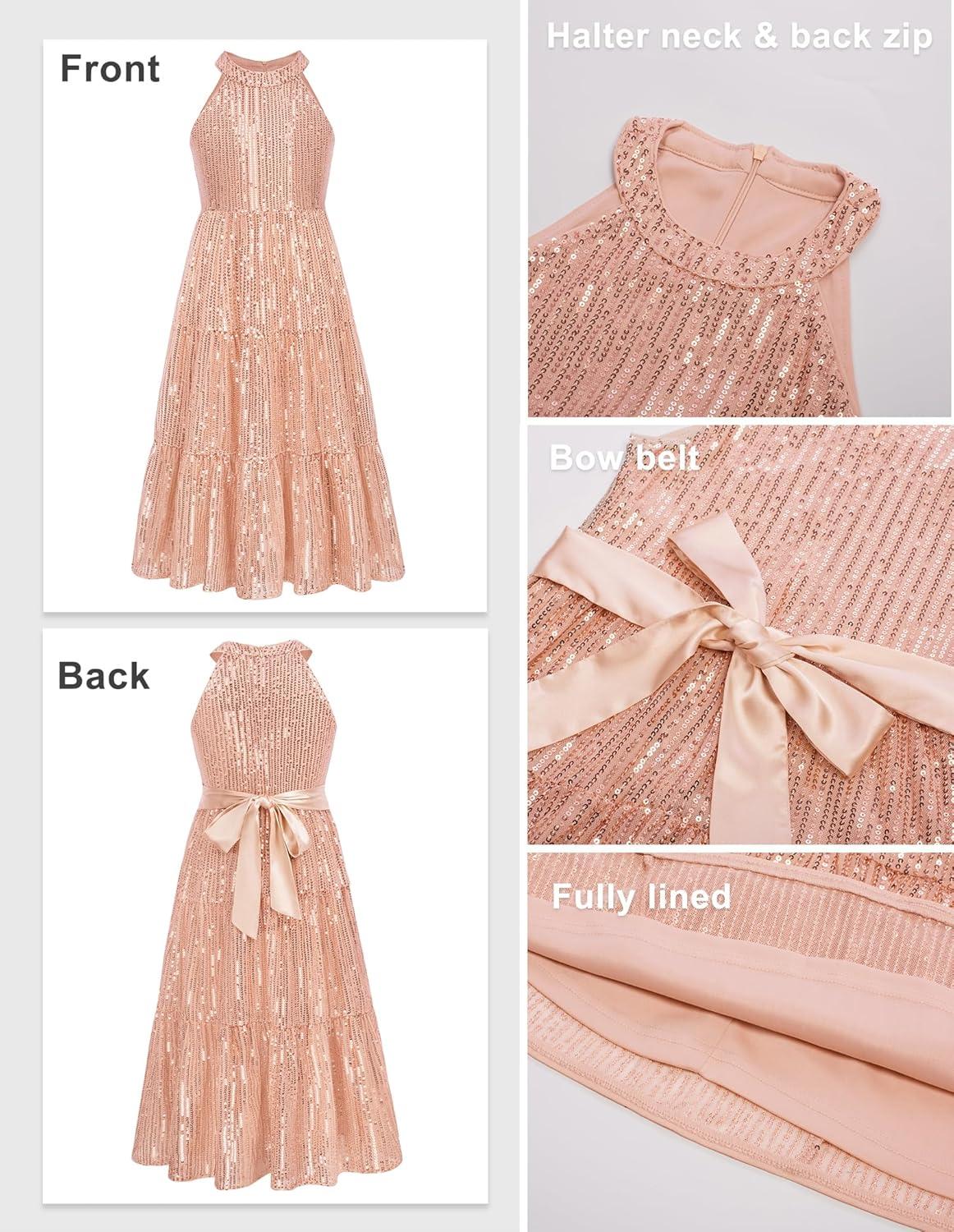 imageGRACE KARIN Girls Sequin Dress Formal Party Elegant Fancy Girls Maxi Long Dress for 514YRose Gold