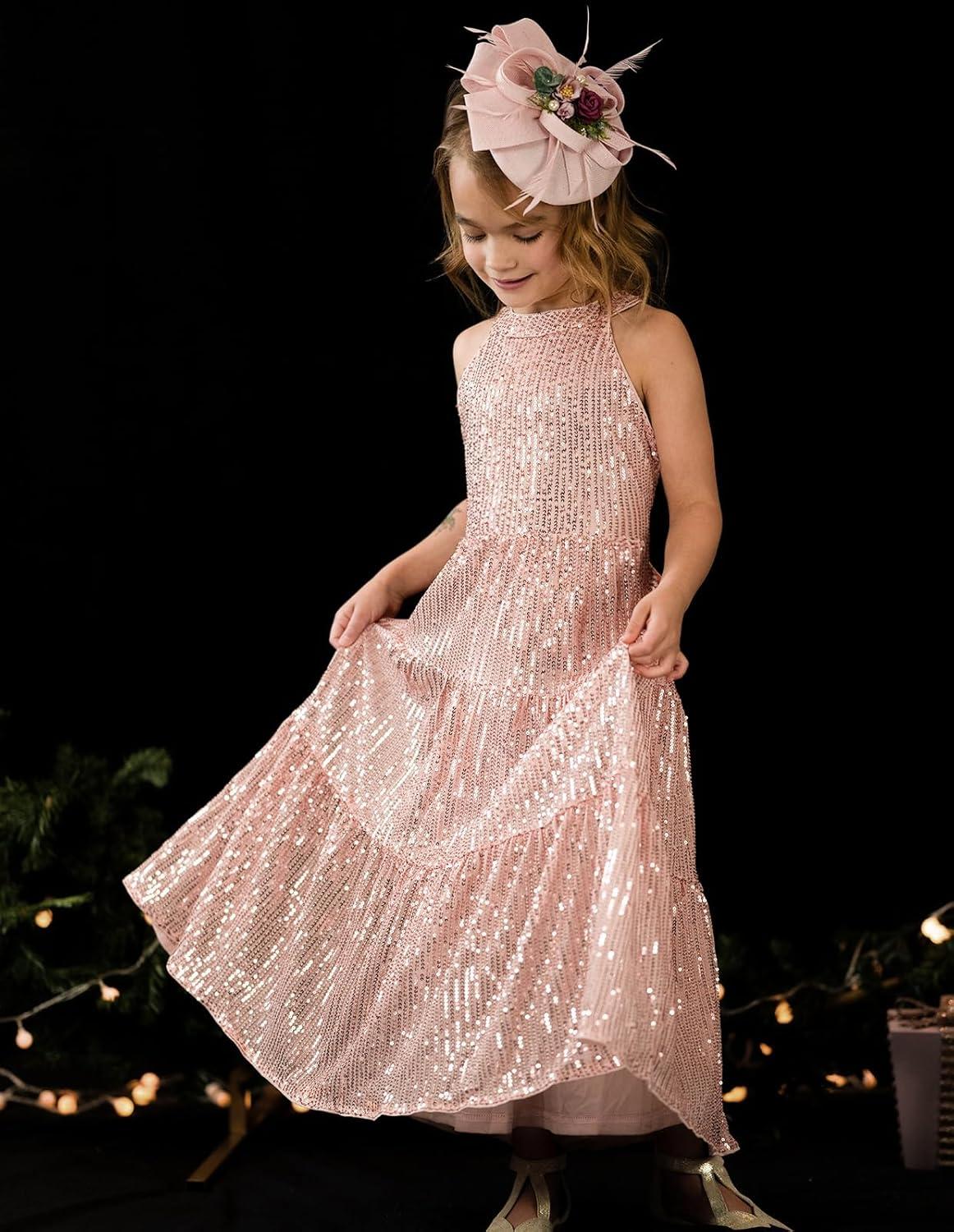imageGRACE KARIN Girls Sequin Dress Formal Party Elegant Fancy Girls Maxi Long Dress for 514YRose Gold