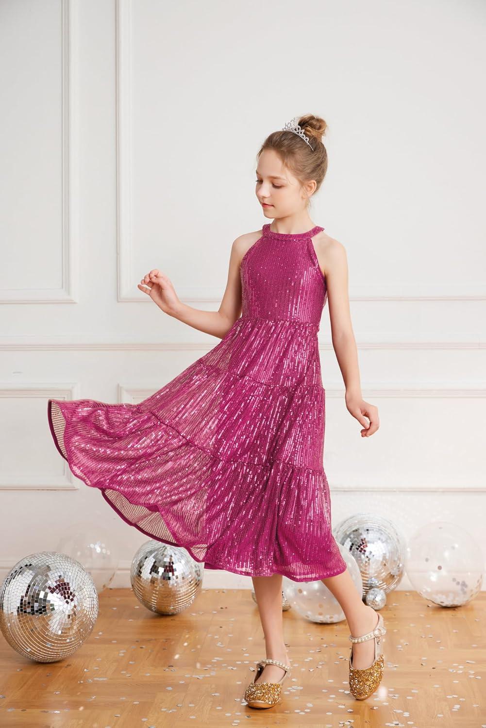 imageGRACE KARIN Girls Sequin Dress Formal Party Elegant Fancy Girls Maxi Long Dress for 514YRose Red