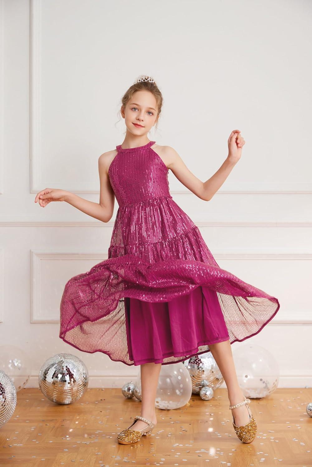 imageGRACE KARIN Girls Sequin Dress Formal Party Elegant Fancy Girls Maxi Long Dress for 514YRose Red