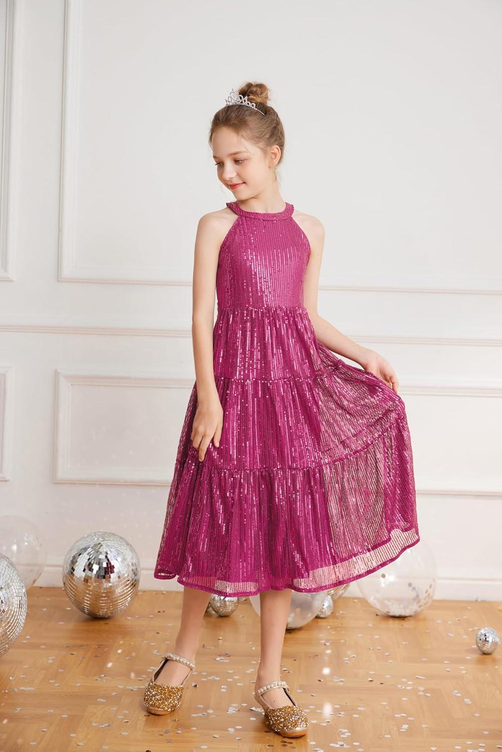 imageGRACE KARIN Girls Sequin Dress Formal Party Elegant Fancy Girls Maxi Long Dress for 514YRose Red