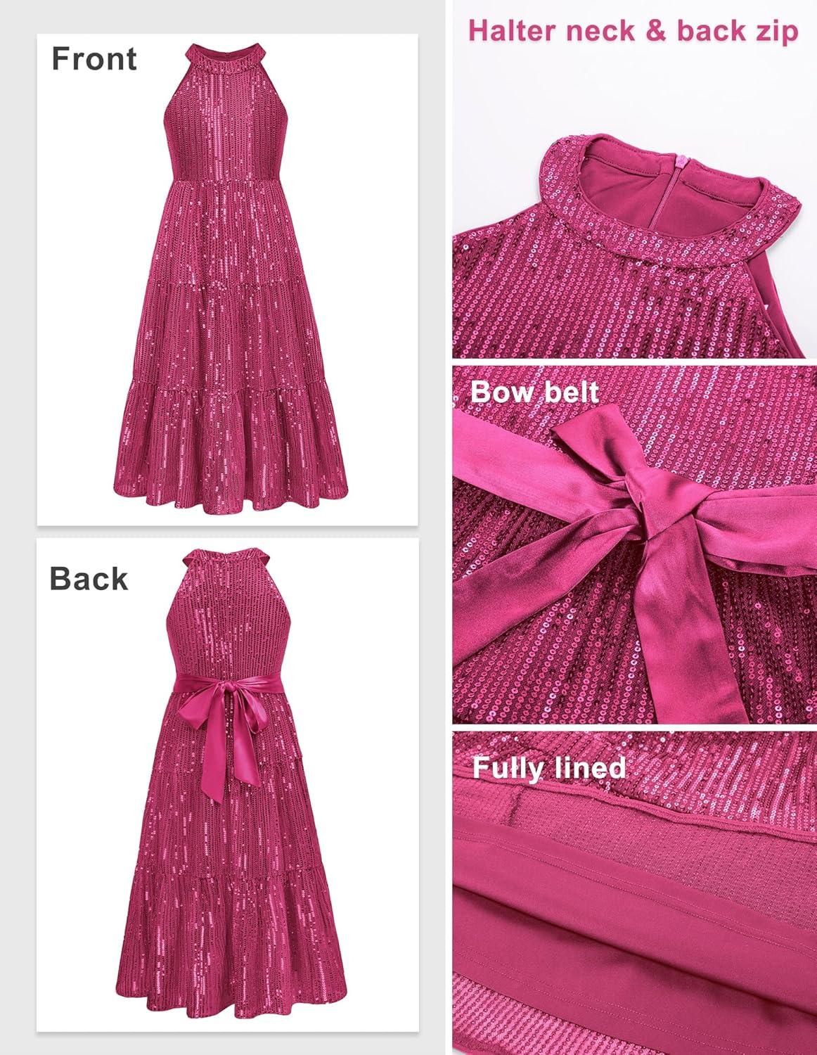 imageGRACE KARIN Girls Sequin Dress Formal Party Elegant Fancy Girls Maxi Long Dress for 514YRose Red
