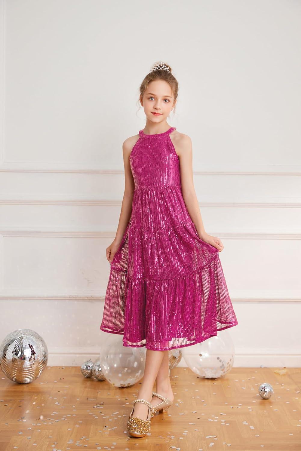 imageGRACE KARIN Girls Sequin Dress Formal Party Elegant Fancy Girls Maxi Long Dress for 514YRose Red