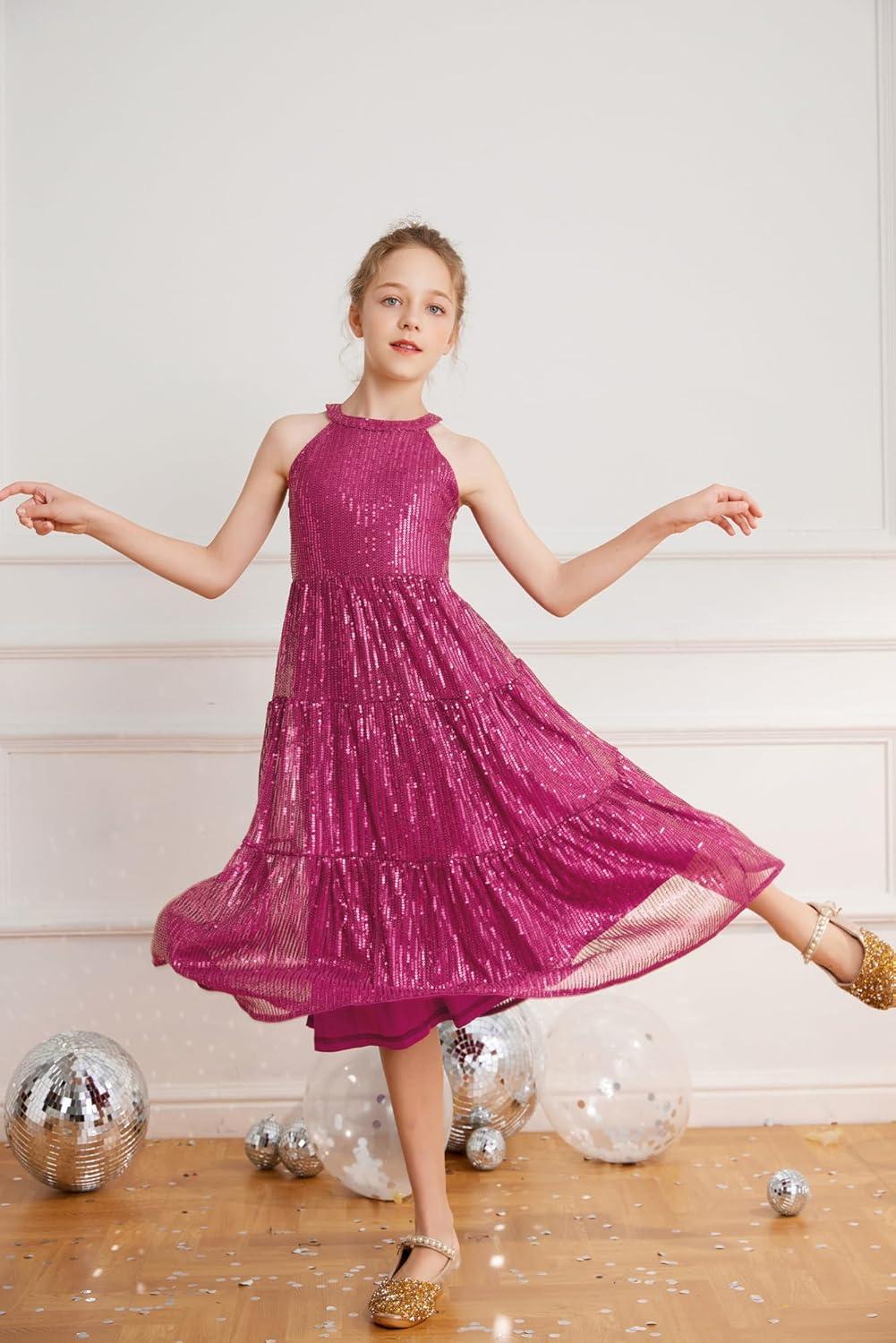 imageGRACE KARIN Girls Sequin Dress Formal Party Elegant Fancy Girls Maxi Long Dress for 514YRose Red