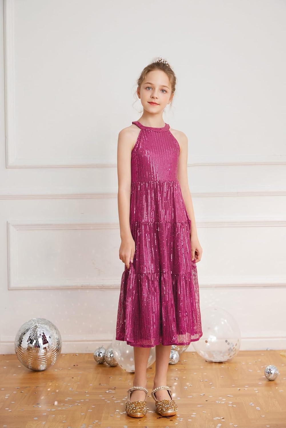 imageGRACE KARIN Girls Sequin Dress Formal Party Elegant Fancy Girls Maxi Long Dress for 514YRose Red