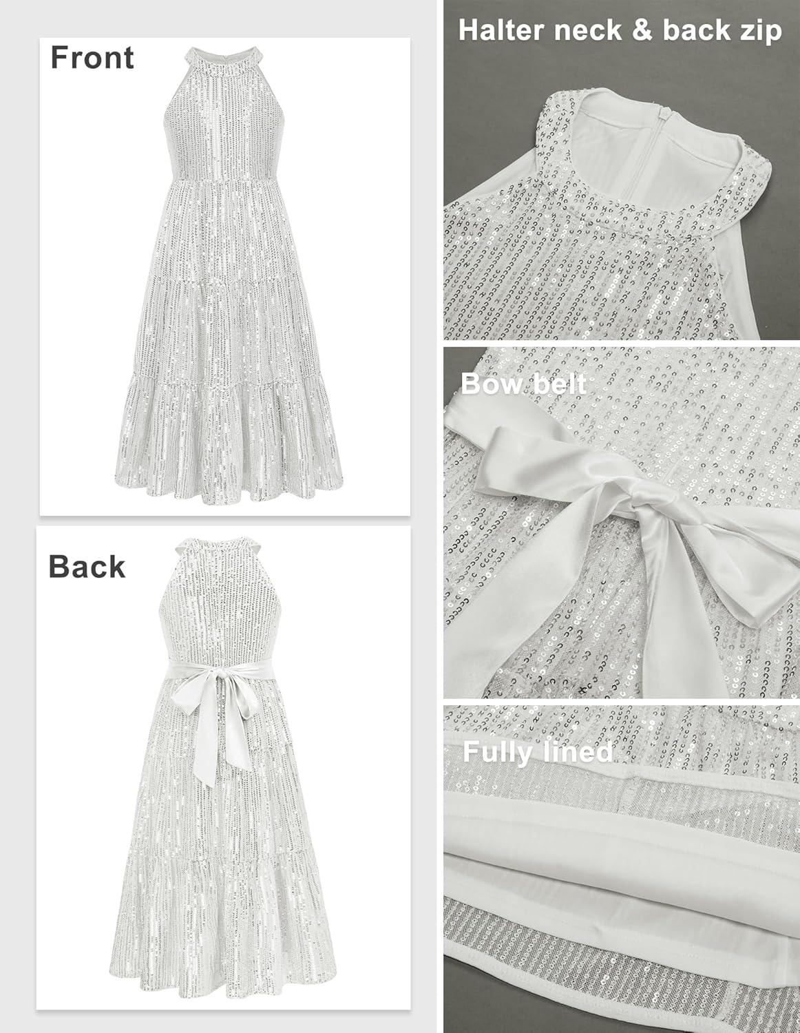 imageGRACE KARIN Girls Sequin Dress Formal Party Elegant Fancy Girls Maxi Long Dress for 514YSilver