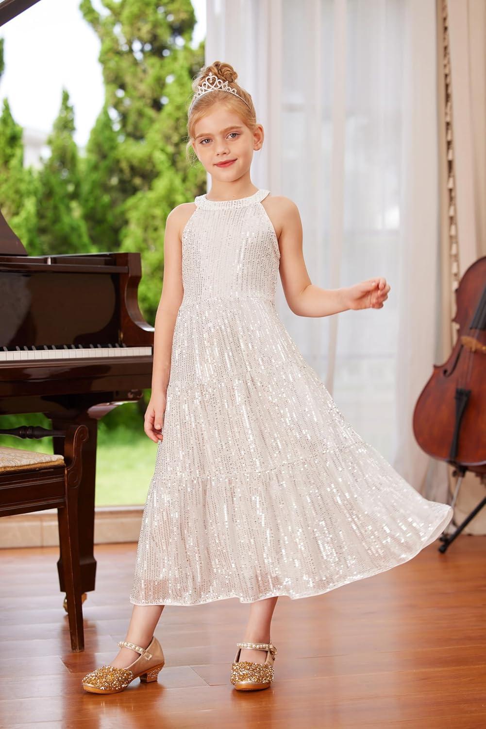 imageGRACE KARIN Girls Sequin Dress Formal Party Elegant Fancy Girls Maxi Long Dress for 514YSilver