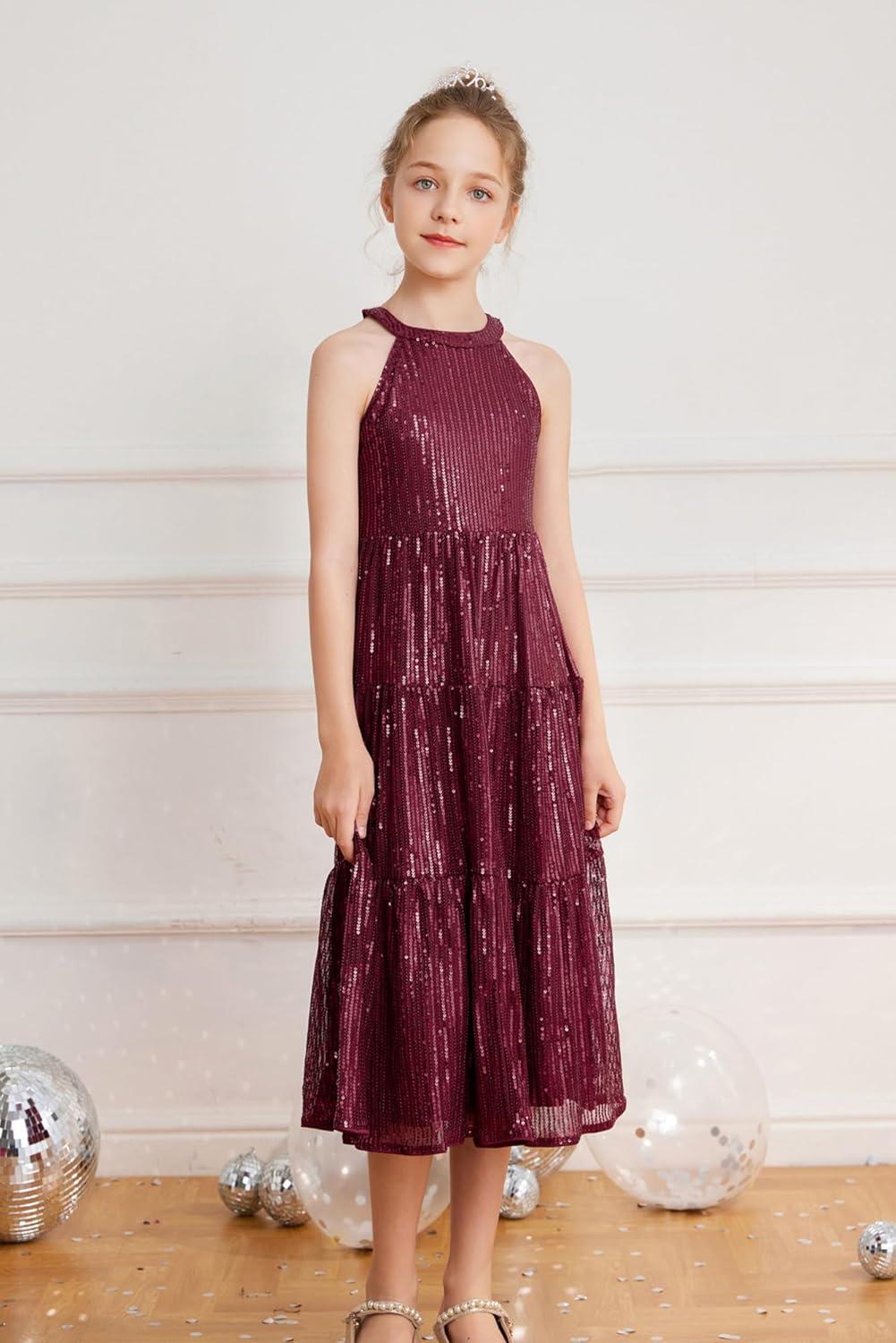 imageGRACE KARIN Girls Sequin Dress Formal Party Elegant Fancy Girls Maxi Long Dress for 514YWine Red