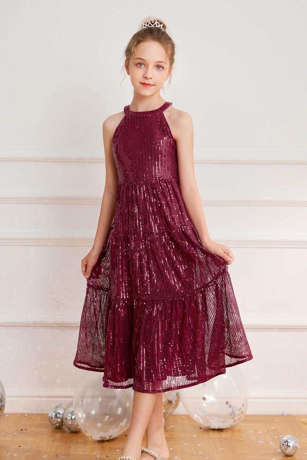 imageGRACE KARIN Girls Sequin Dress Formal Party Elegant Fancy Girls Maxi Long Dress for 514YWine Red