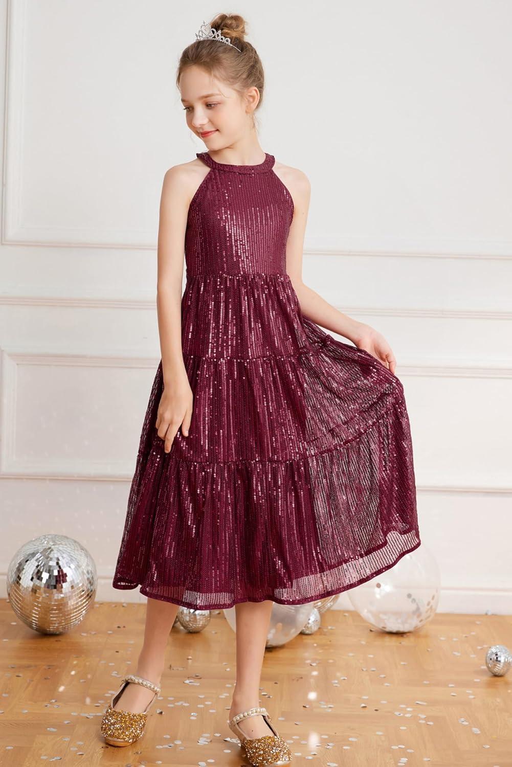 imageGRACE KARIN Girls Sequin Dress Formal Party Elegant Fancy Girls Maxi Long Dress for 514YWine Red