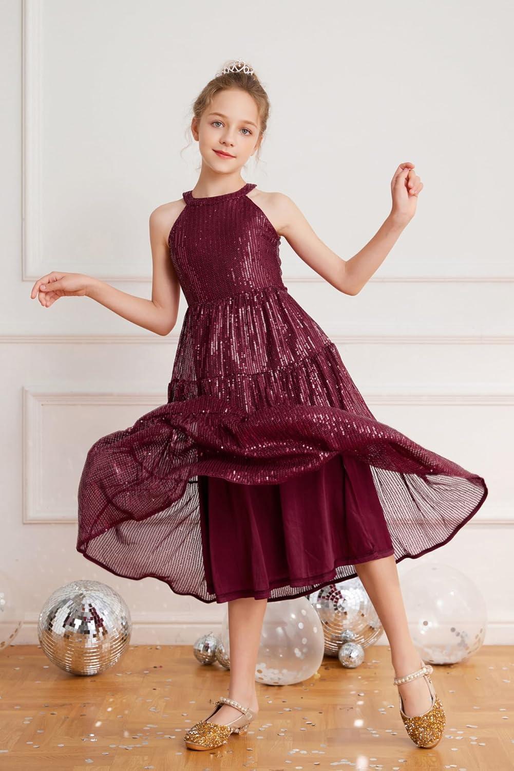 imageGRACE KARIN Girls Sequin Dress Formal Party Elegant Fancy Girls Maxi Long Dress for 514YWine Red