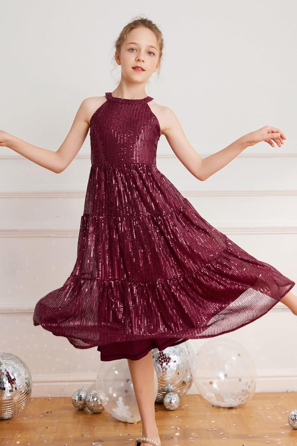 imageGRACE KARIN Girls Sequin Dress Formal Party Elegant Fancy Girls Maxi Long Dress for 514YWine Red