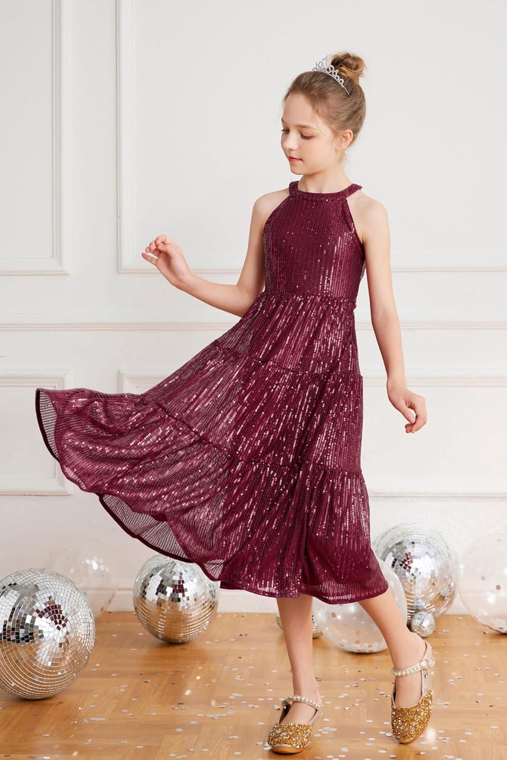 imageGRACE KARIN Girls Sequin Dress Formal Party Elegant Fancy Girls Maxi Long Dress for 514YWine Red