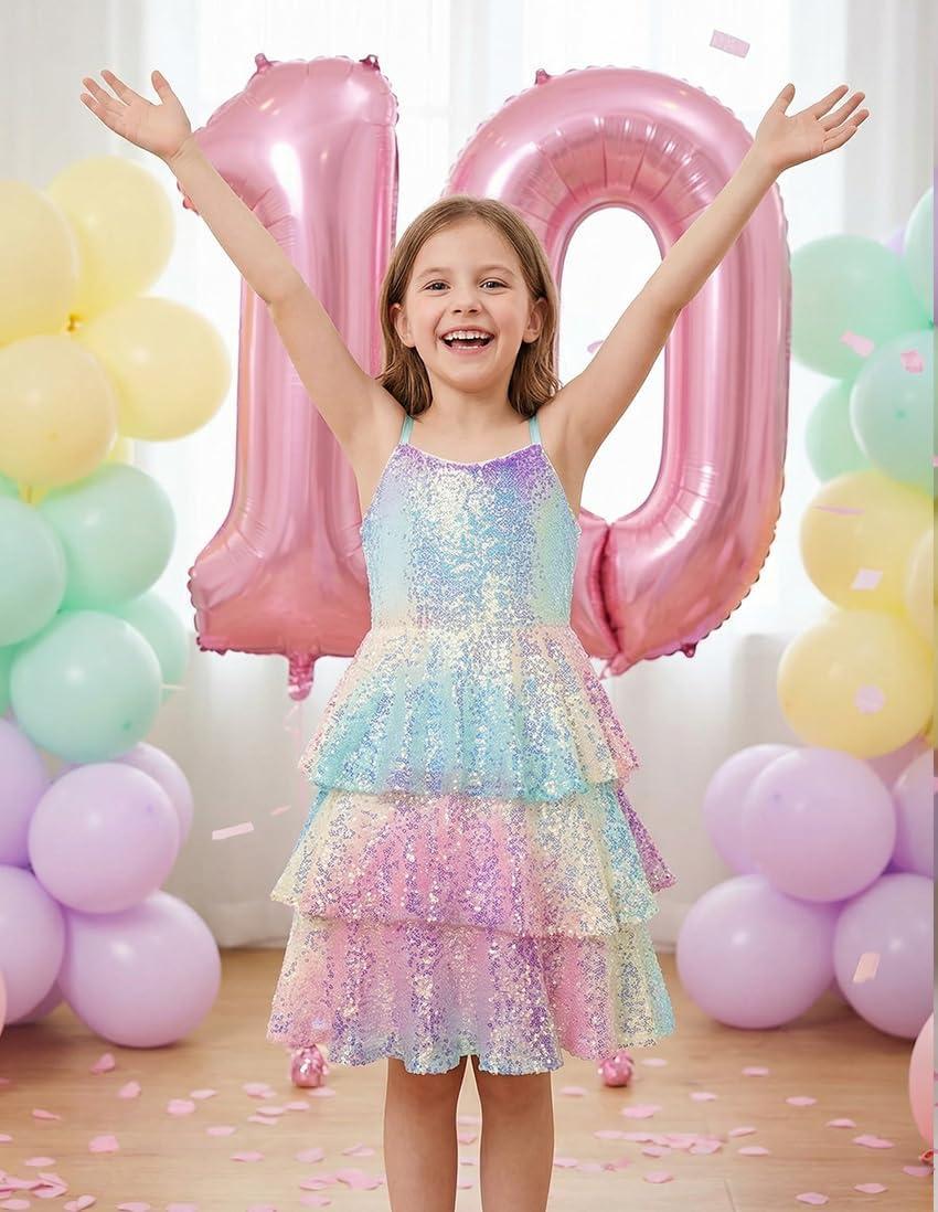 imageGRACE KARIN Girls Sequin Formal Dresses Kids Party Special Occasion Fancy Dress Tie Back 3 Layer Prom Graduation OutfitsPurple Gradient Iridescent