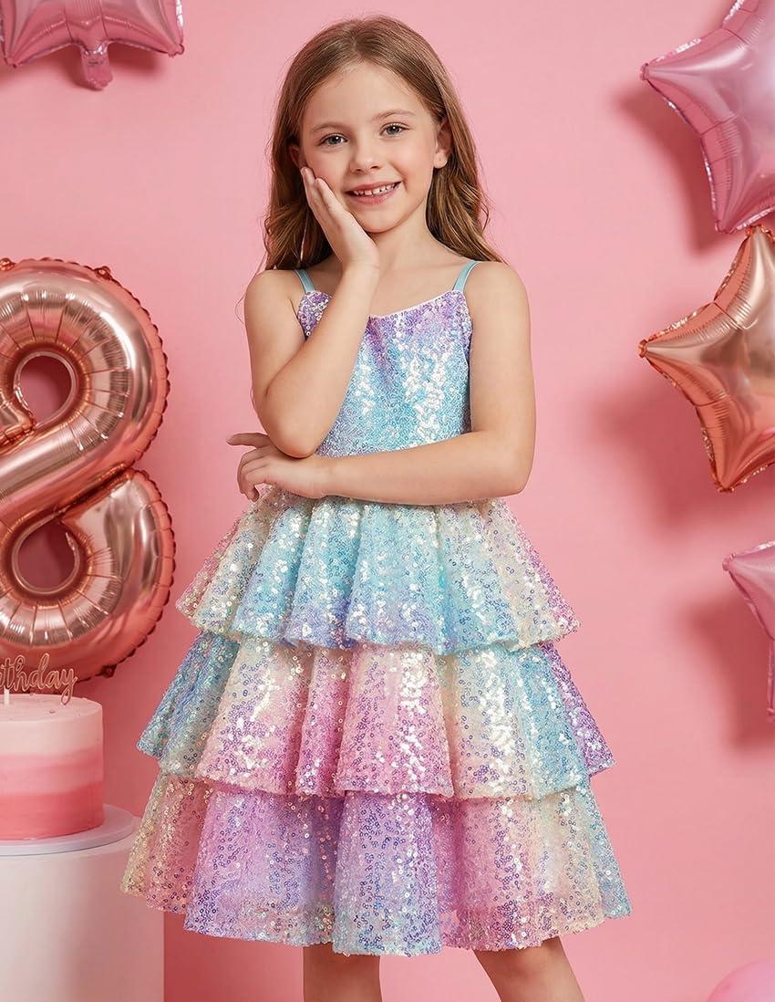 imageGRACE KARIN Girls Sequin Formal Dresses Kids Party Special Occasion Fancy Dress Tie Back 3 Layer Prom Graduation OutfitsPurple Gradient Iridescent