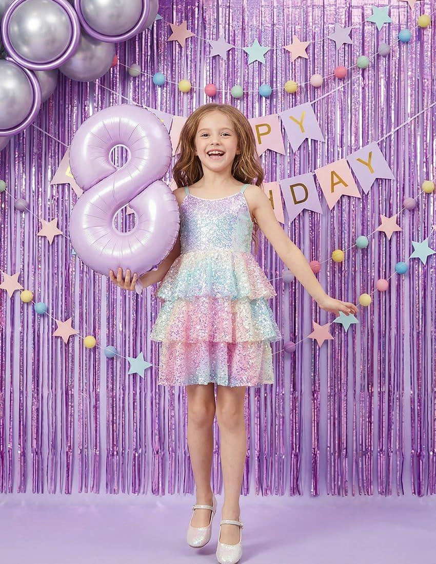 imageGRACE KARIN Girls Sequin Formal Dresses Kids Party Special Occasion Fancy Dress Tie Back 3 Layer Prom Graduation OutfitsPurple Gradient Iridescent