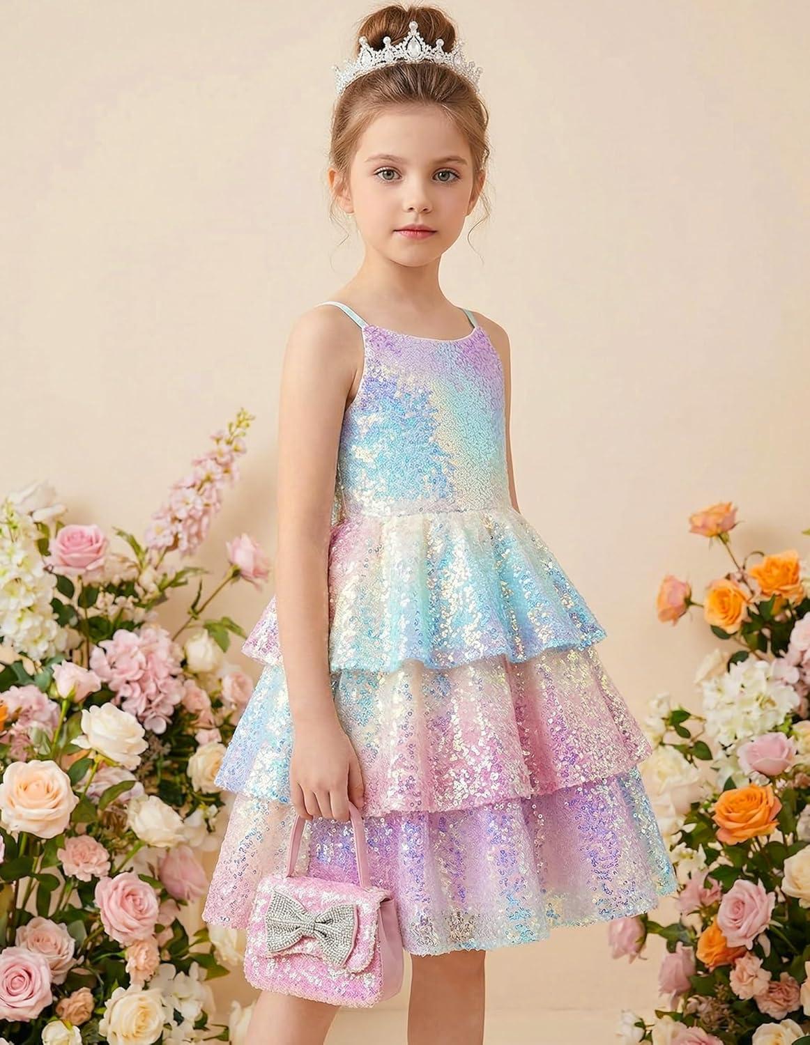 imageGRACE KARIN Girls Sequin Formal Dresses Kids Party Special Occasion Fancy Dress Tie Back 3 Layer Prom Graduation OutfitsPurple Gradient Iridescent