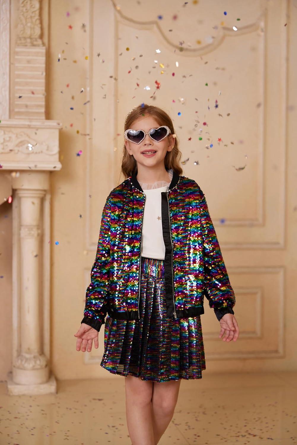 imageGRACE KARIN Girls Sequin Jacket Kids Bomber Zip Outwear Sparkle Fall Top Cardigan Dress Coat Size 514Black