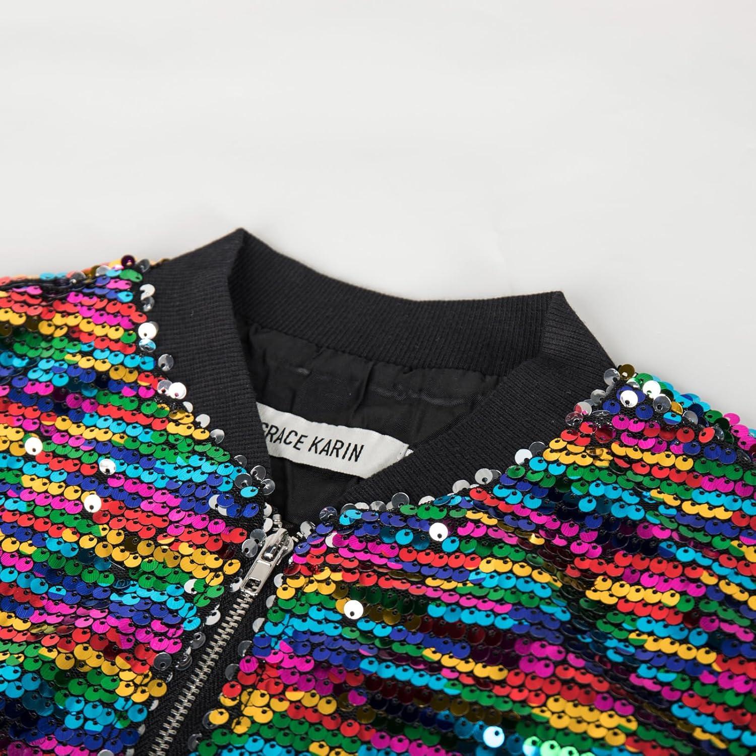 imageGRACE KARIN Girls Sequin Jacket Kids Bomber Zip Outwear Sparkle Fall Top Cardigan Dress Coat Size 514Black