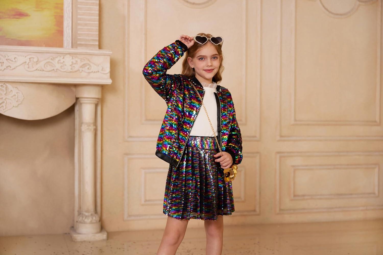 imageGRACE KARIN Girls Sequin Jacket Kids Bomber Zip Outwear Sparkle Fall Top Cardigan Dress Coat Size 514Black