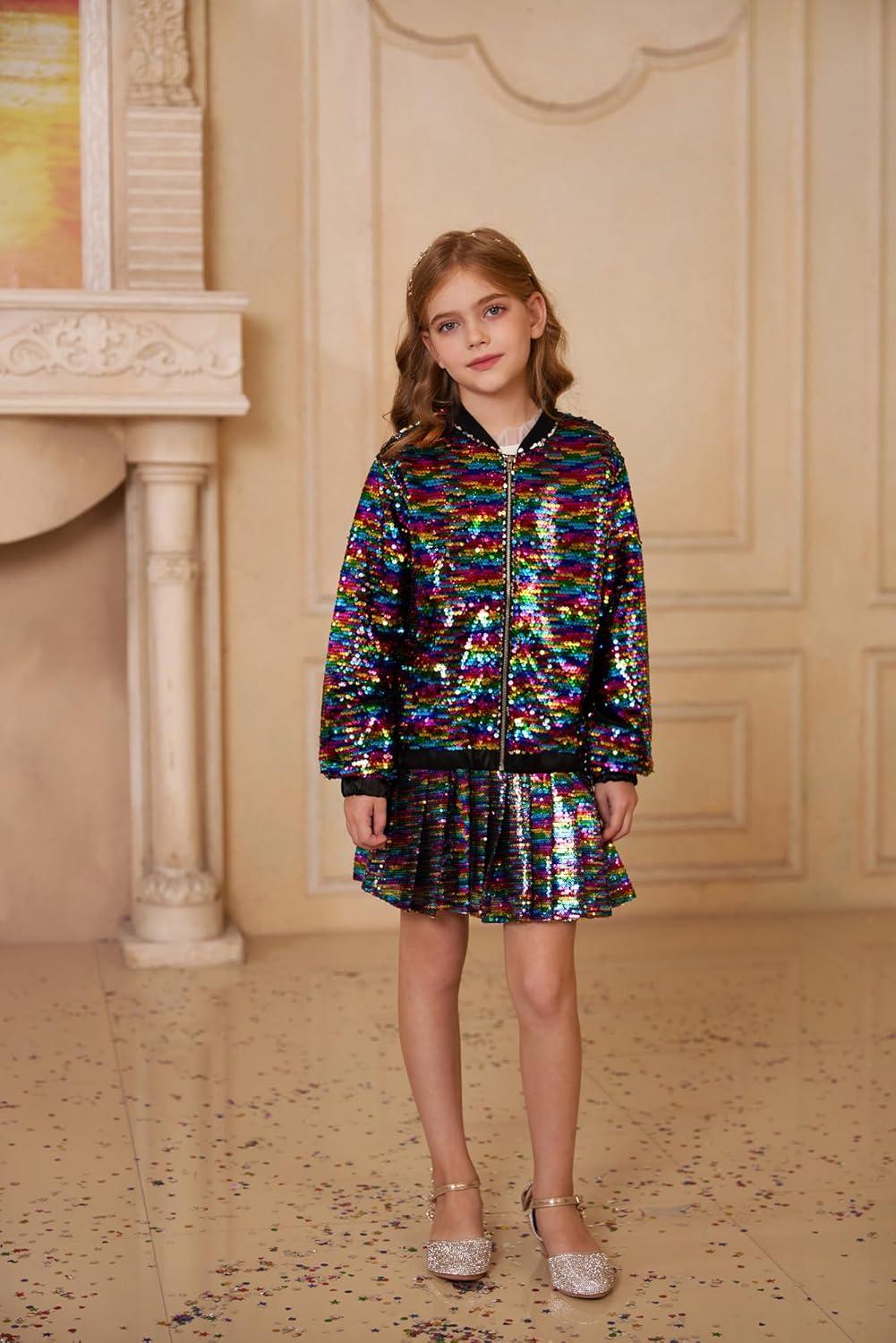 imageGRACE KARIN Girls Sequin Jacket Kids Bomber Zip Outwear Sparkle Fall Top Cardigan Dress Coat Size 514Black