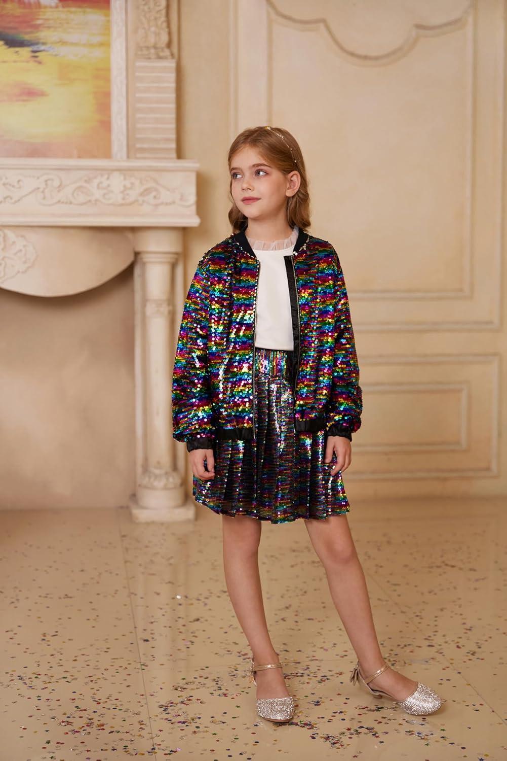imageGRACE KARIN Girls Sequin Jacket Kids Bomber Zip Outwear Sparkle Fall Top Cardigan Dress Coat Size 514Black
