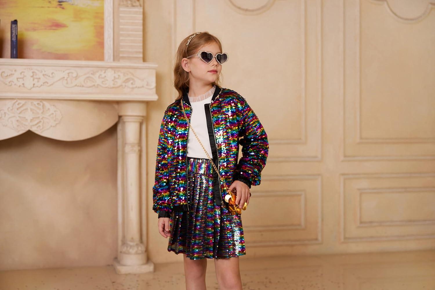 imageGRACE KARIN Girls Sequin Jacket Kids Bomber Zip Outwear Sparkle Fall Top Cardigan Dress Coat Size 514Black