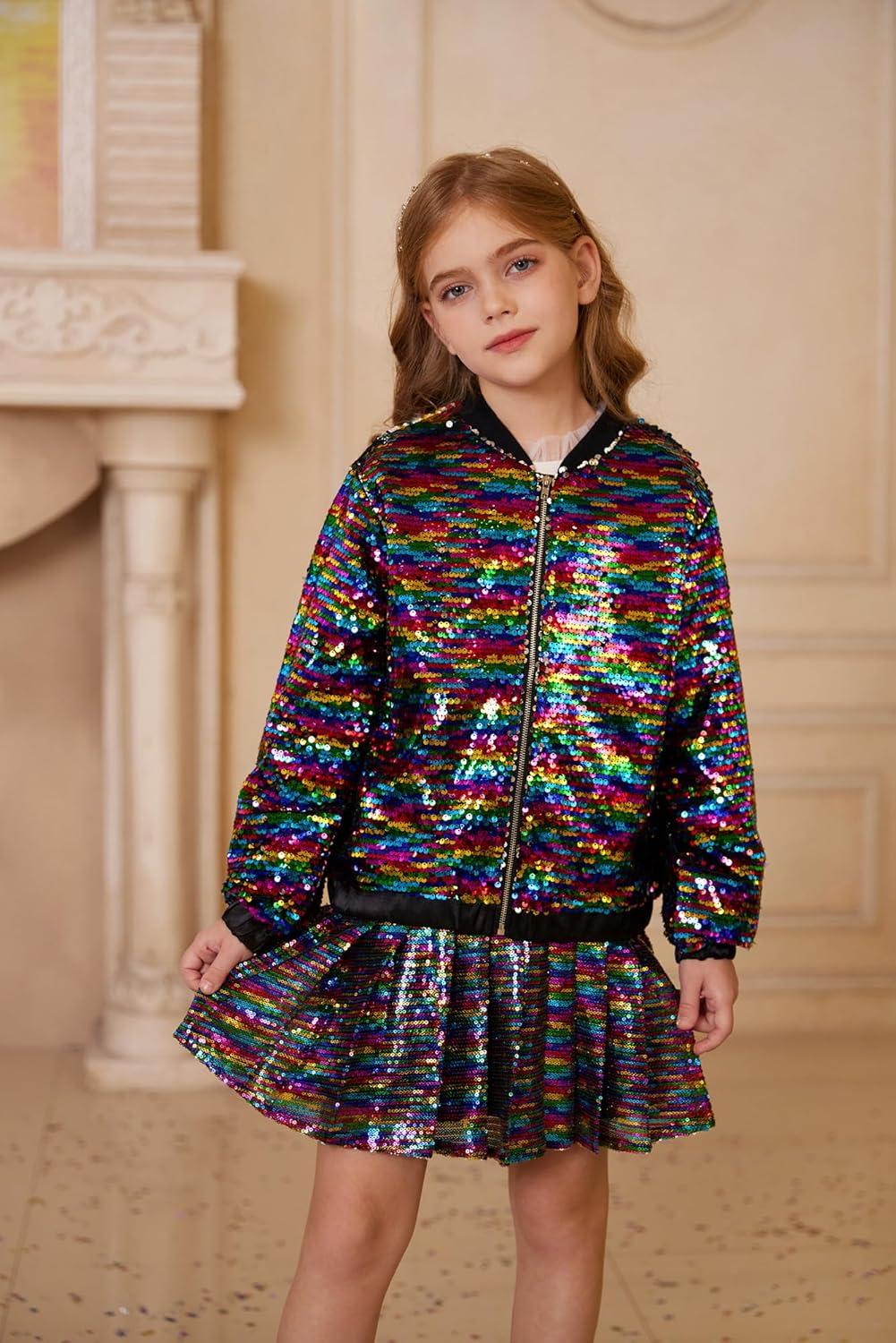 imageGRACE KARIN Girls Sequin Jacket Kids Bomber Zip Outwear Sparkle Fall Top Cardigan Dress Coat Size 514Black