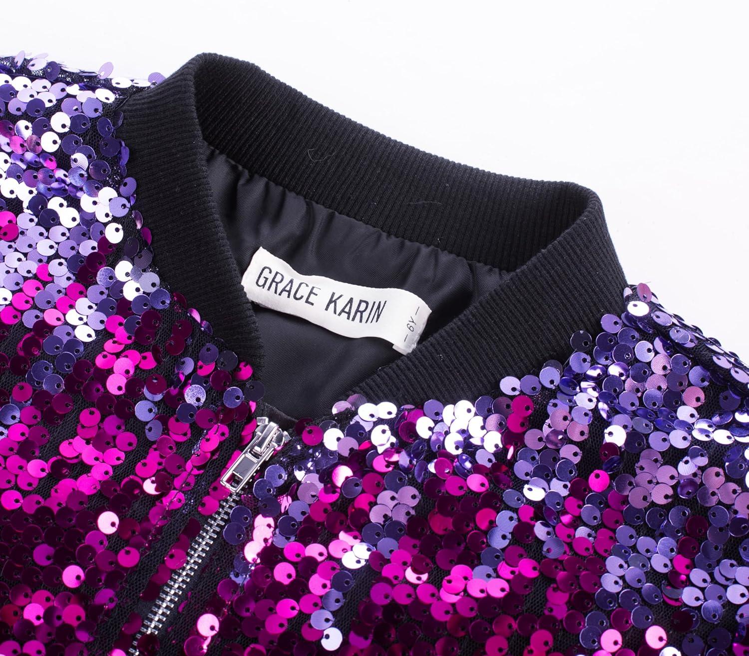 imageGRACE KARIN Girls Sequin Jacket Kids Bomber Zip Outwear Sparkle Fall Top Cardigan Dress Coat Size 514Blue Yellowpurple