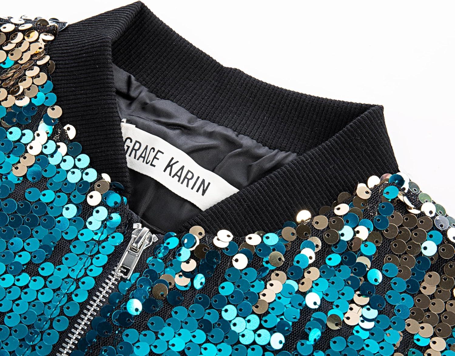 imageGRACE KARIN Girls Sequin Jacket Kids Bomber Zip Outwear Sparkle Fall Top Cardigan Dress Coat Size 514Goldbluesilver