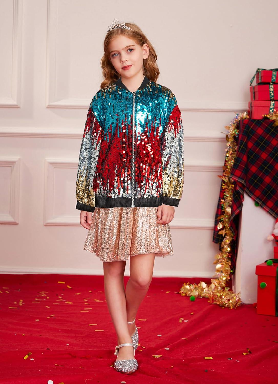 imageGRACE KARIN Girls Sequin Jacket Kids Bomber Zip Outwear Sparkle Fall Top Cardigan Dress Coat Size 514Goldbluesilver