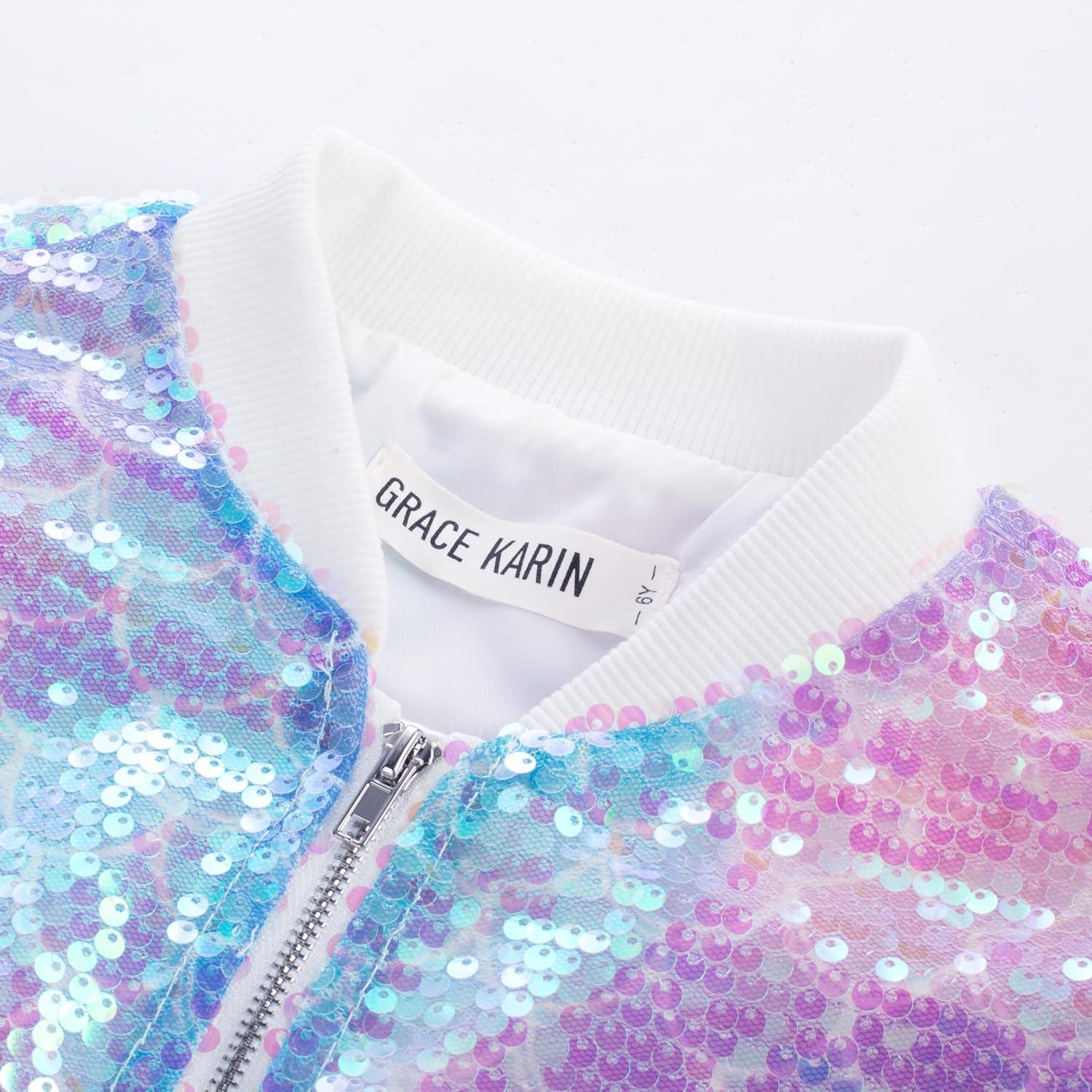 imageGRACE KARIN Girls Sequin Jacket Kids Bomber Zip Outwear Sparkle Fall Top Cardigan Dress Coat Size 514Mermaid