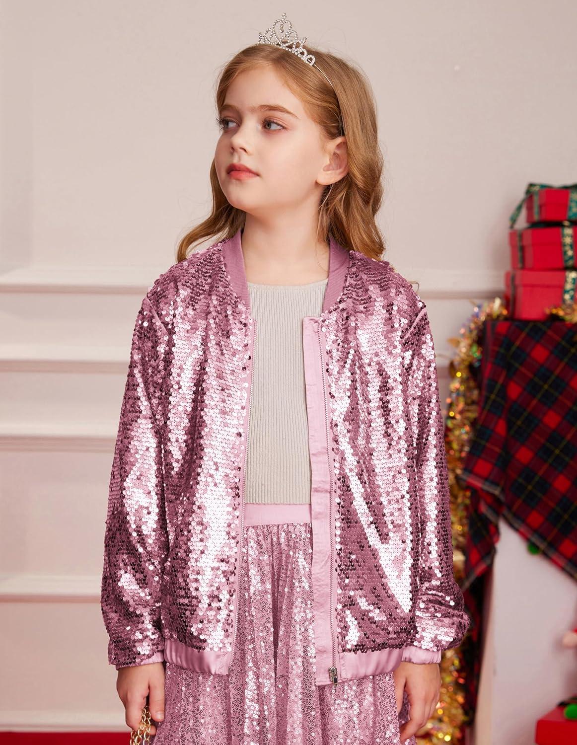 imageGRACE KARIN Girls Sequin Jacket Kids Bomber Zip Outwear Sparkle Fall Top Cardigan Dress Coat Size 514Peach Pink