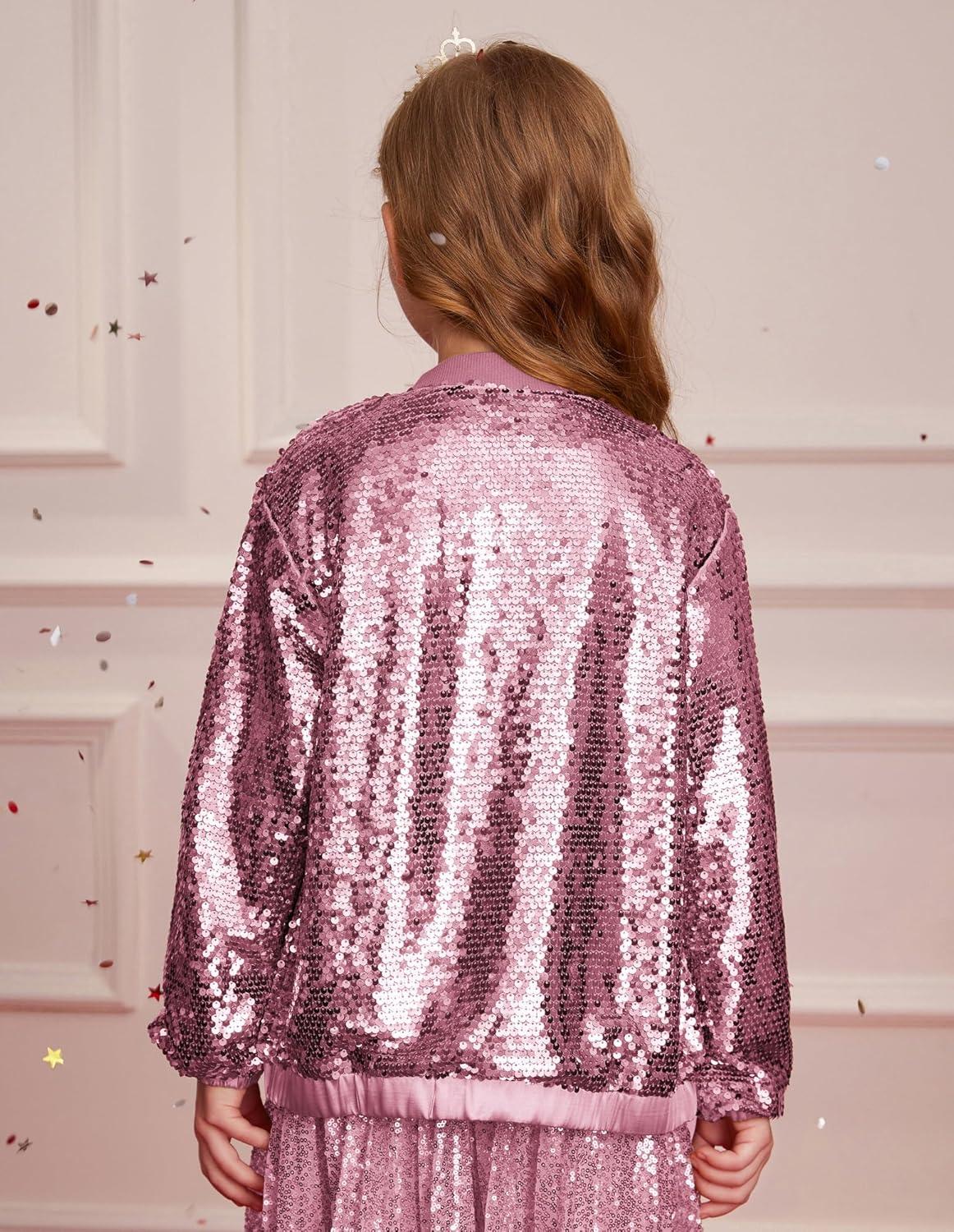 imageGRACE KARIN Girls Sequin Jacket Kids Bomber Zip Outwear Sparkle Fall Top Cardigan Dress Coat Size 514Peach Pink