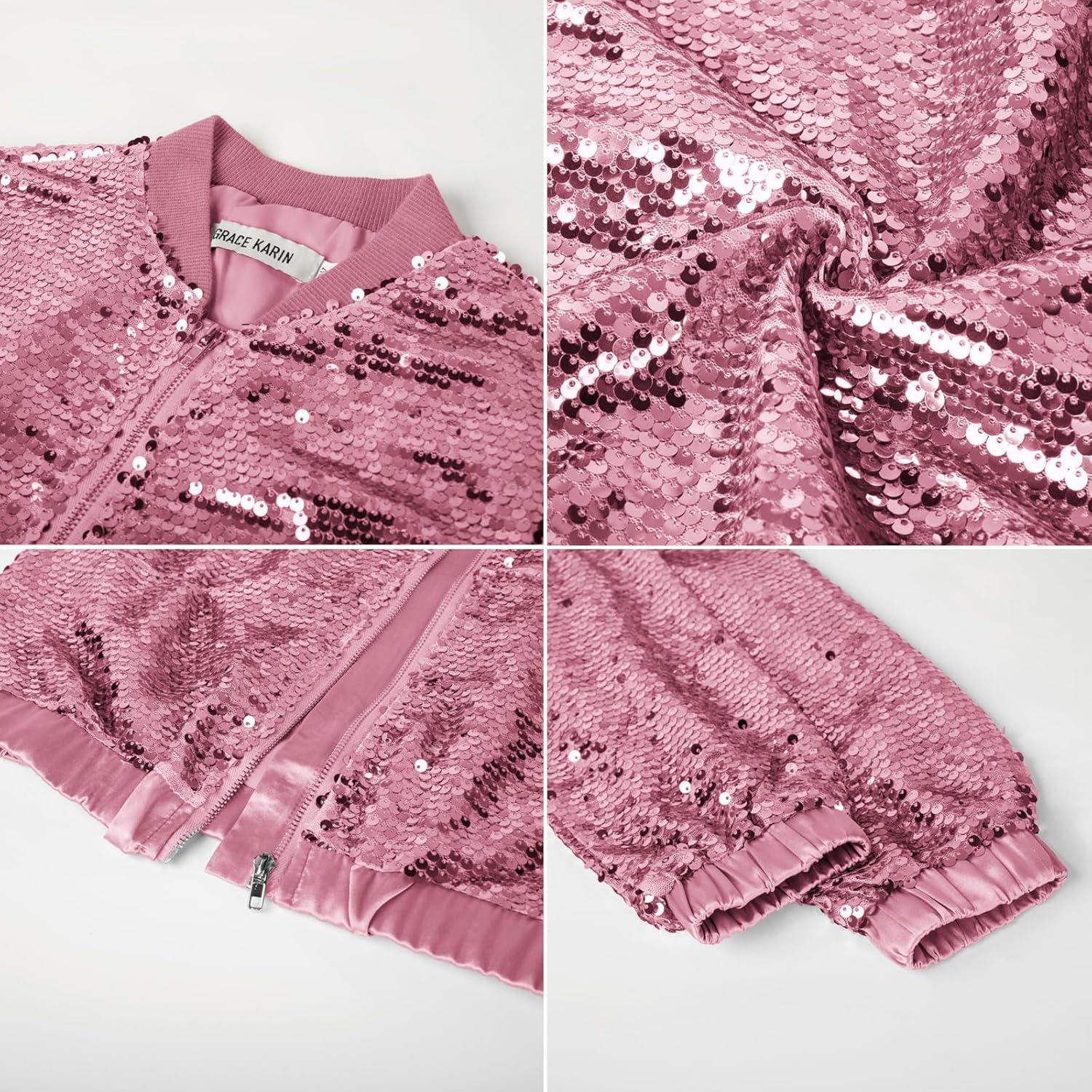 imageGRACE KARIN Girls Sequin Jacket Kids Bomber Zip Outwear Sparkle Fall Top Cardigan Dress Coat Size 514Peach Pink