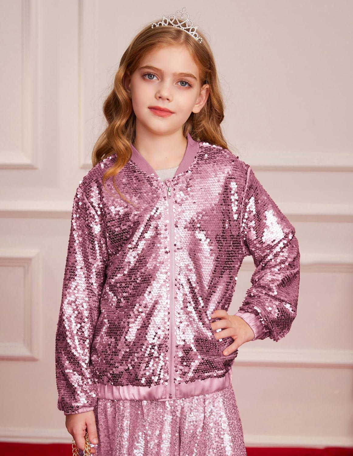 imageGRACE KARIN Girls Sequin Jacket Kids Bomber Zip Outwear Sparkle Fall Top Cardigan Dress Coat Size 514Peach Pink