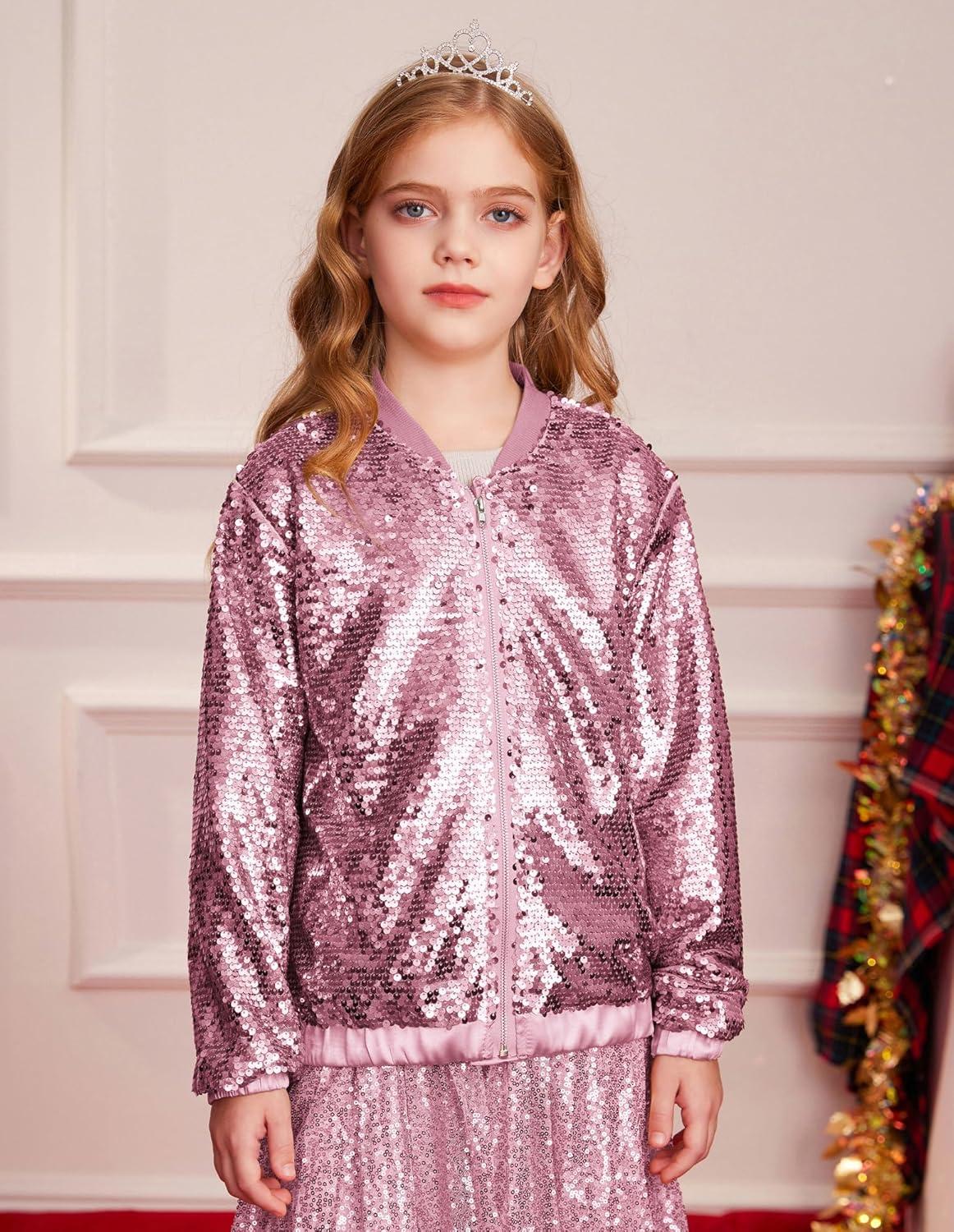 imageGRACE KARIN Girls Sequin Jacket Kids Bomber Zip Outwear Sparkle Fall Top Cardigan Dress Coat Size 514Peach Pink
