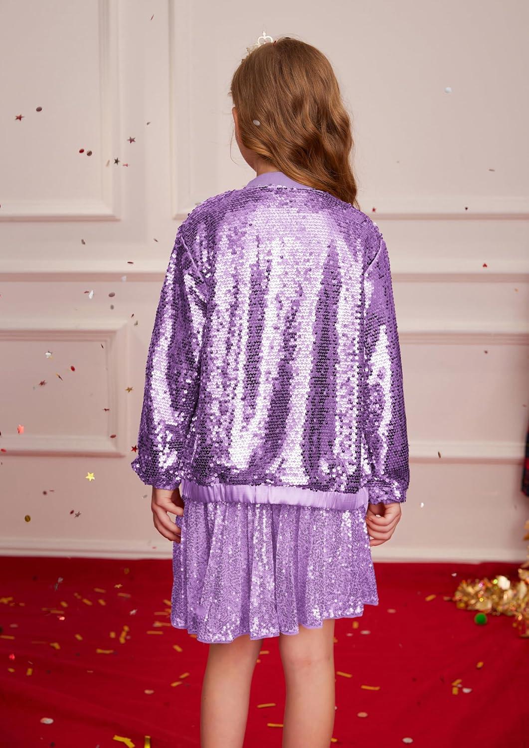 imageGRACE KARIN Girls Sequin Jacket Kids Bomber Zip Outwear Sparkle Fall Top Cardigan Dress Coat Size 514Purple