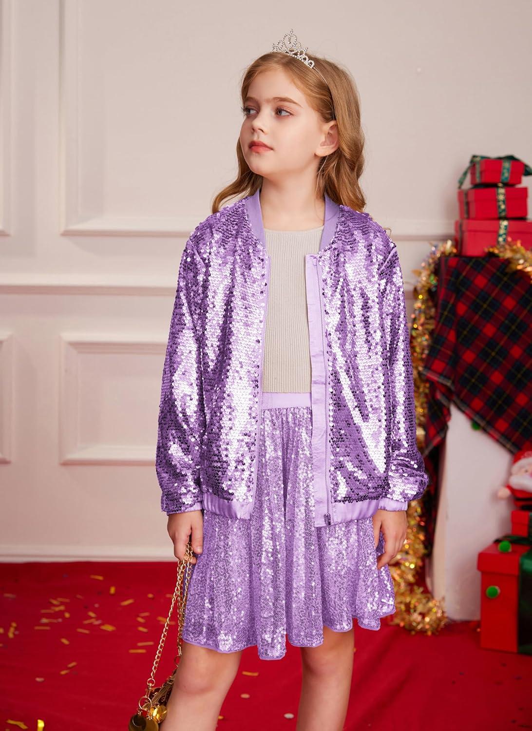 imageGRACE KARIN Girls Sequin Jacket Kids Bomber Zip Outwear Sparkle Fall Top Cardigan Dress Coat Size 514Purple