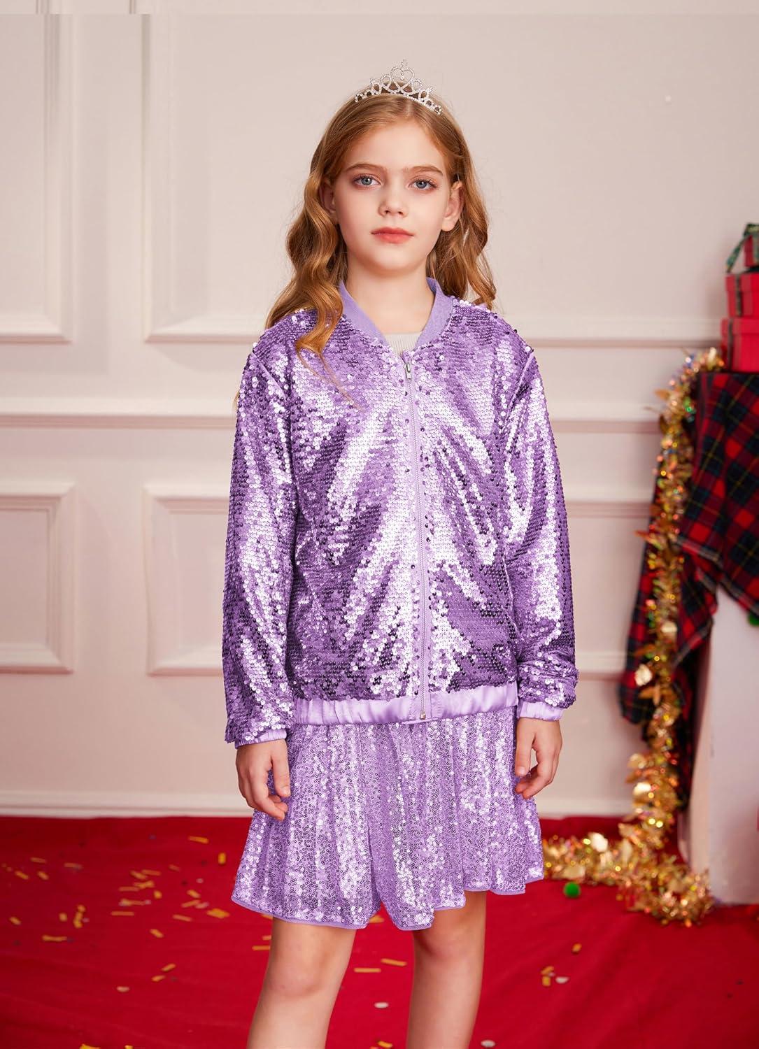 imageGRACE KARIN Girls Sequin Jacket Kids Bomber Zip Outwear Sparkle Fall Top Cardigan Dress Coat Size 514Purple