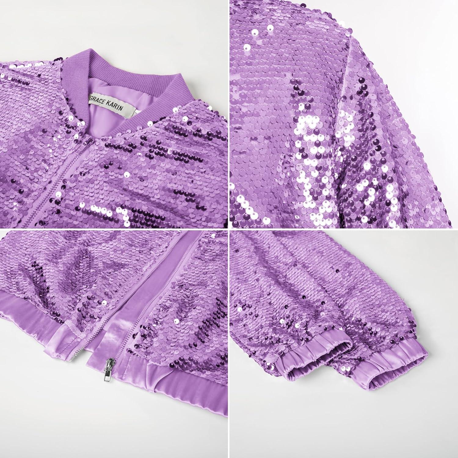 imageGRACE KARIN Girls Sequin Jacket Kids Bomber Zip Outwear Sparkle Fall Top Cardigan Dress Coat Size 514Purple