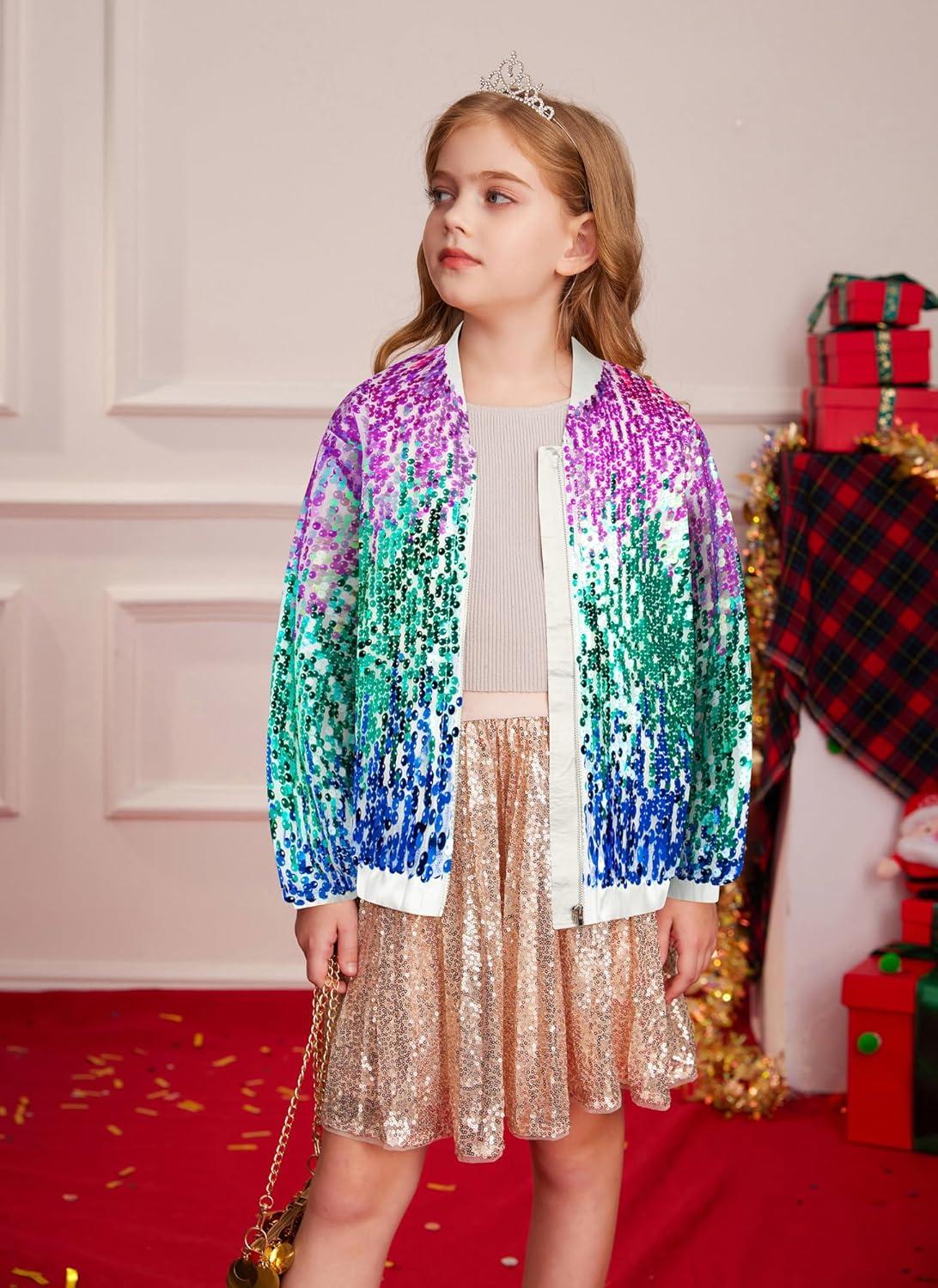 imageGRACE KARIN Girls Sequin Jacket Kids Bomber Zip Outwear Sparkle Fall Top Cardigan Dress Coat Size 514Purplebluered