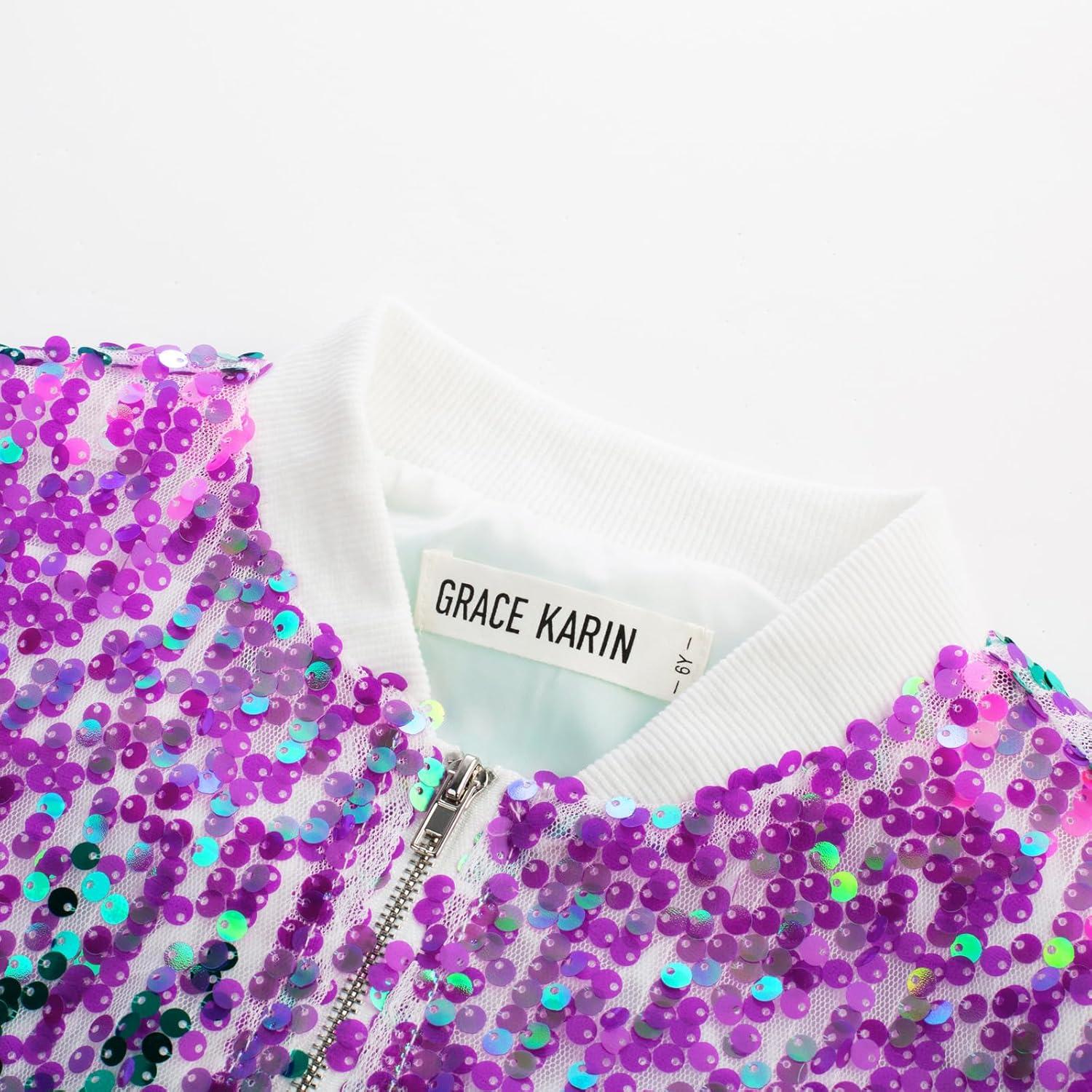 imageGRACE KARIN Girls Sequin Jacket Kids Bomber Zip Outwear Sparkle Fall Top Cardigan Dress Coat Size 514Purplebluered