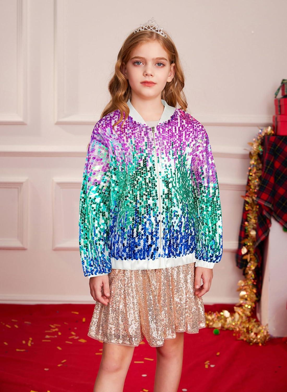 imageGRACE KARIN Girls Sequin Jacket Kids Bomber Zip Outwear Sparkle Fall Top Cardigan Dress Coat Size 514Purplebluered