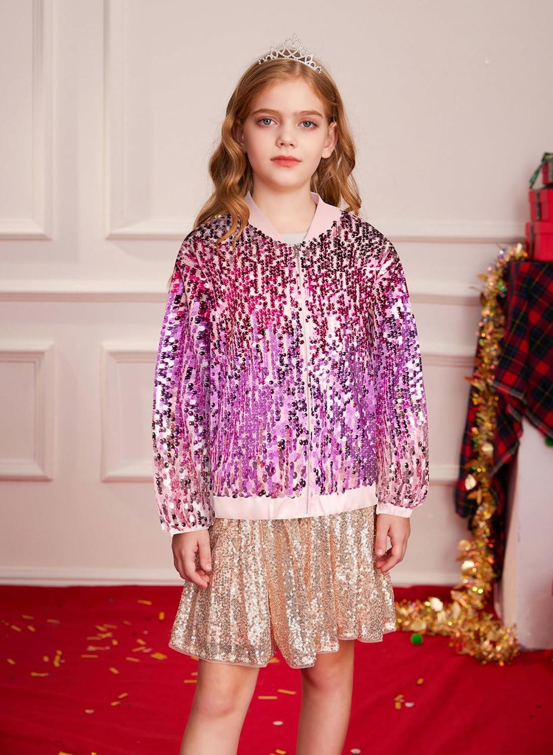 imageGRACE KARIN Girls Sequin Jacket Kids Bomber Zip Outwear Sparkle Fall Top Cardigan Dress Coat Size 514Purplepink