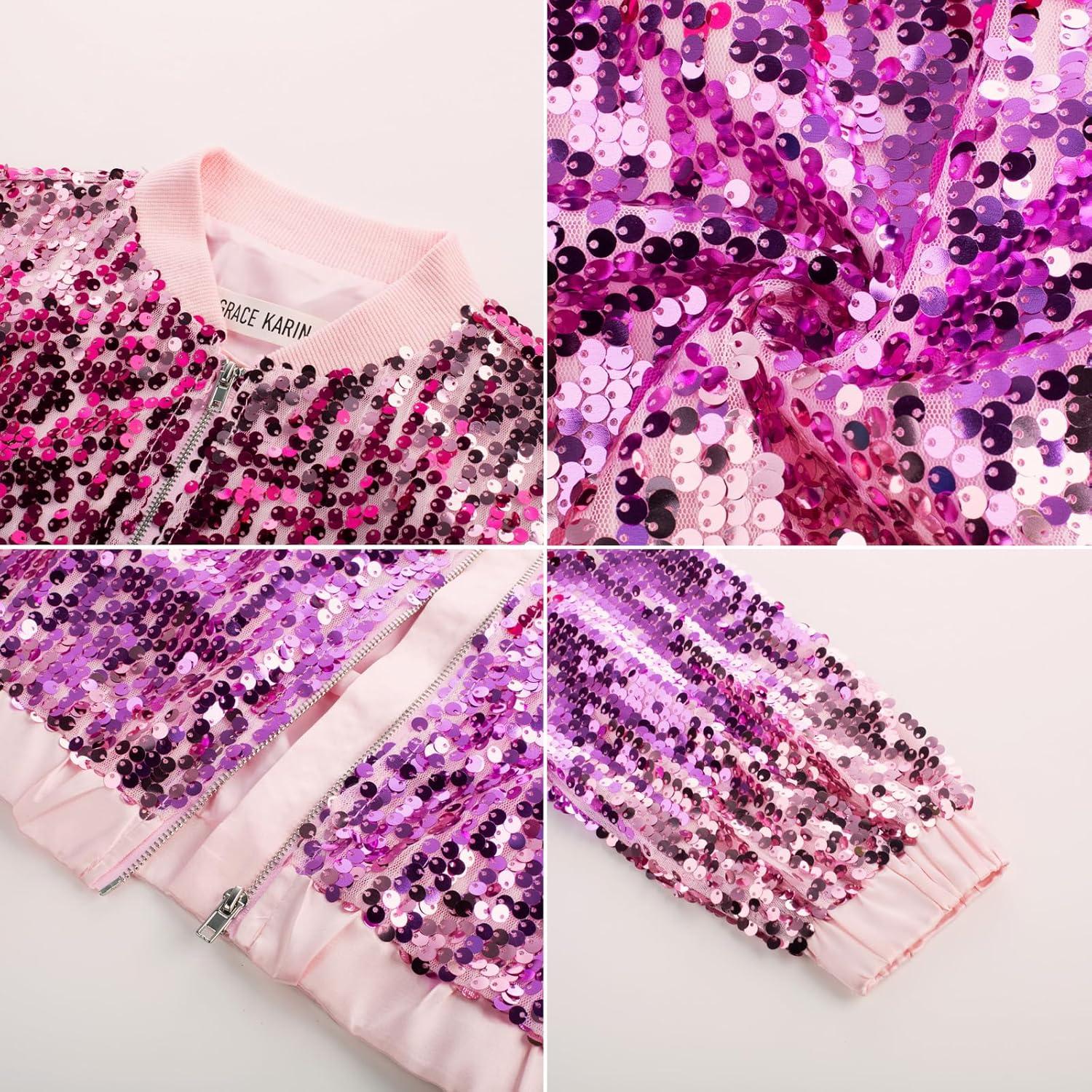 imageGRACE KARIN Girls Sequin Jacket Kids Bomber Zip Outwear Sparkle Fall Top Cardigan Dress Coat Size 514Purplepink