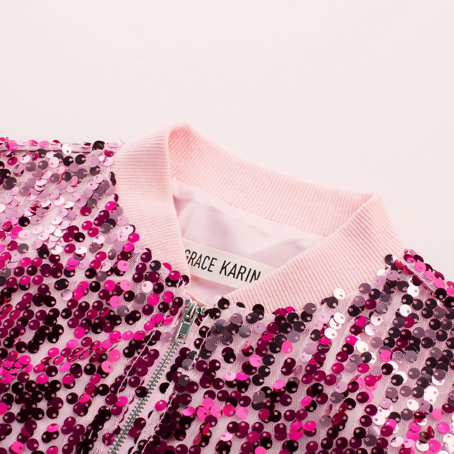 imageGRACE KARIN Girls Sequin Jacket Kids Bomber Zip Outwear Sparkle Fall Top Cardigan Dress Coat Size 514Purplepink