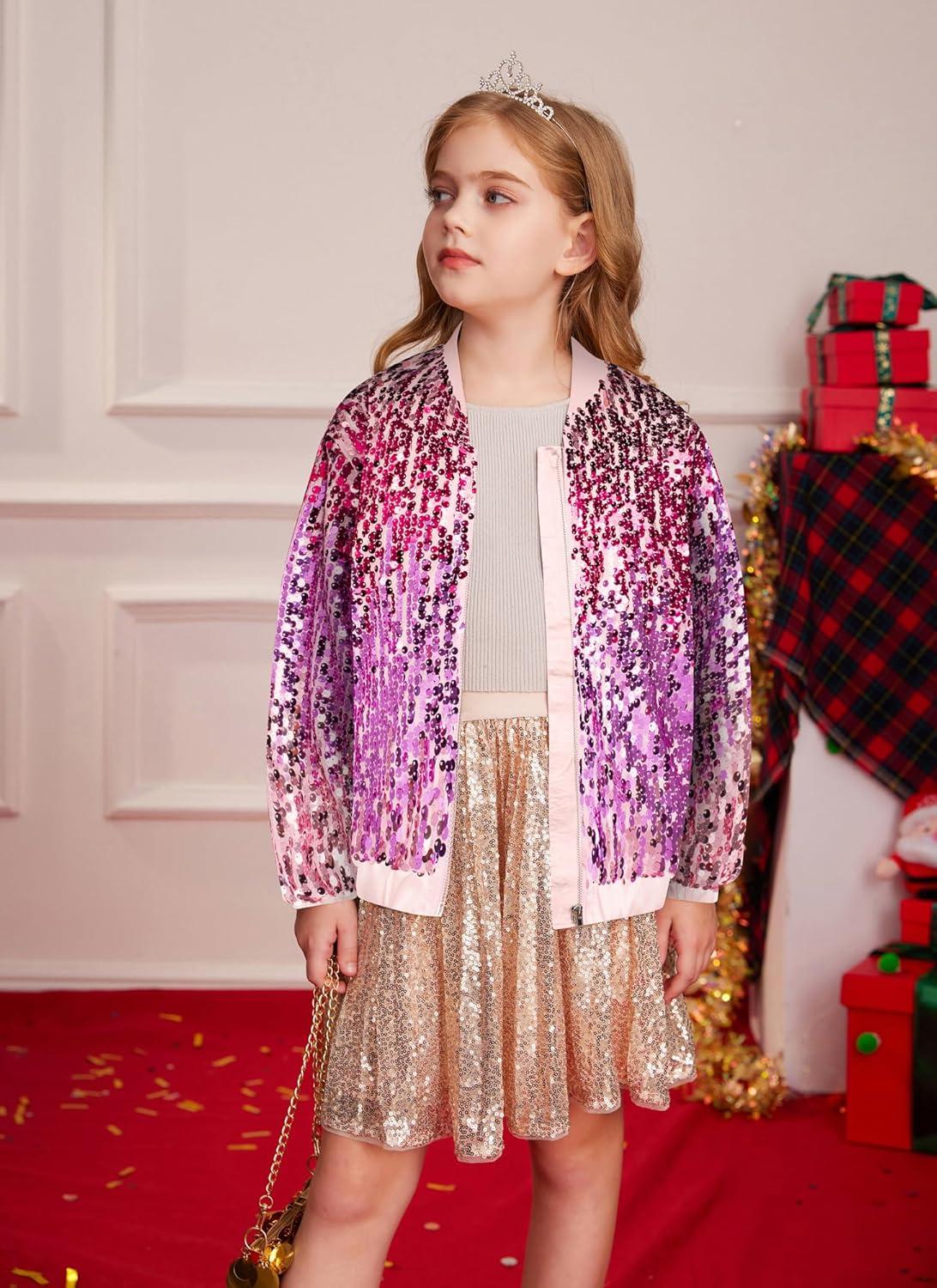 imageGRACE KARIN Girls Sequin Jacket Kids Bomber Zip Outwear Sparkle Fall Top Cardigan Dress Coat Size 514Purplepink